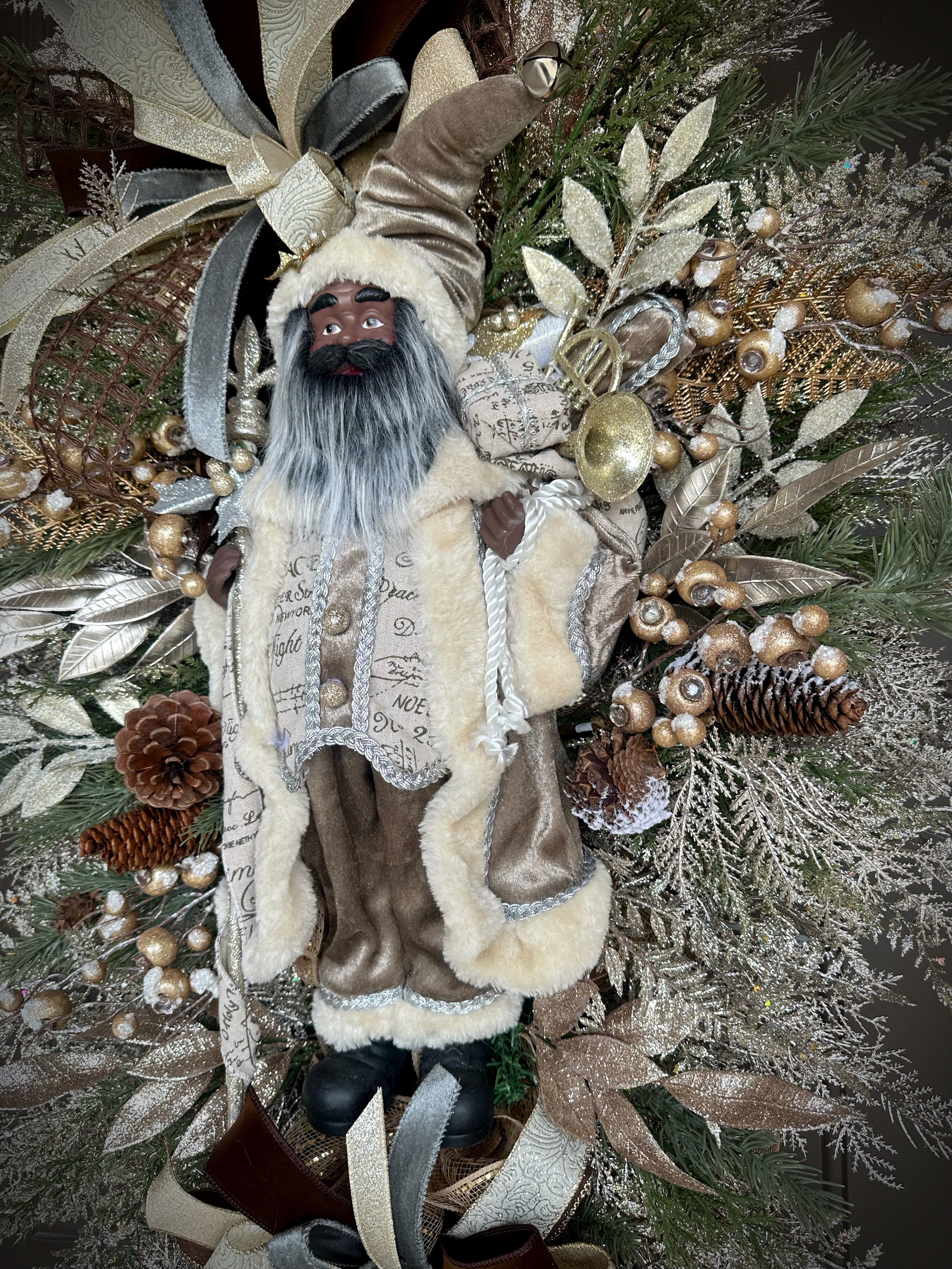 Neutral African American Santa Wreath