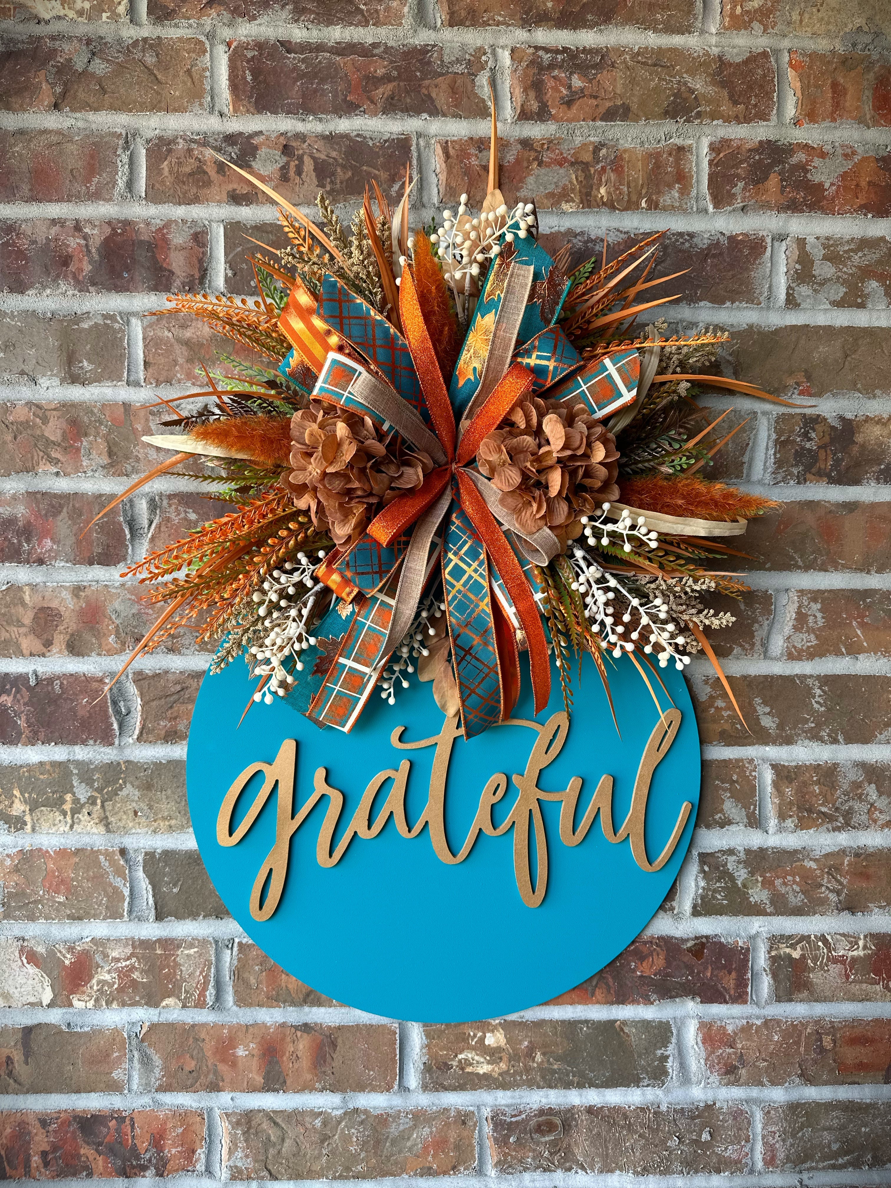 Rustic Teal Grateful Door Hanger