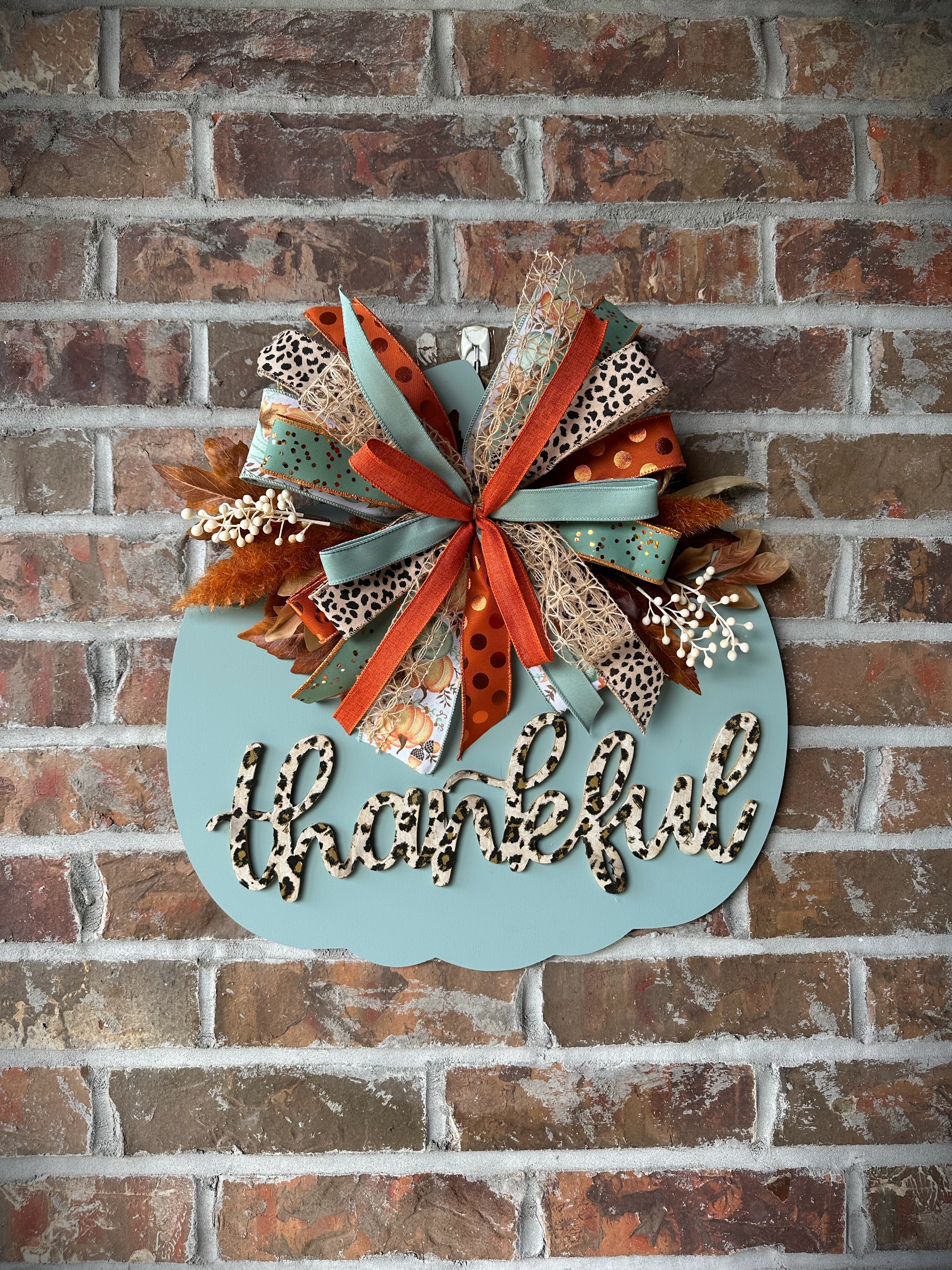 Cheetah Thankful Fall Pumpkin Door Hanger