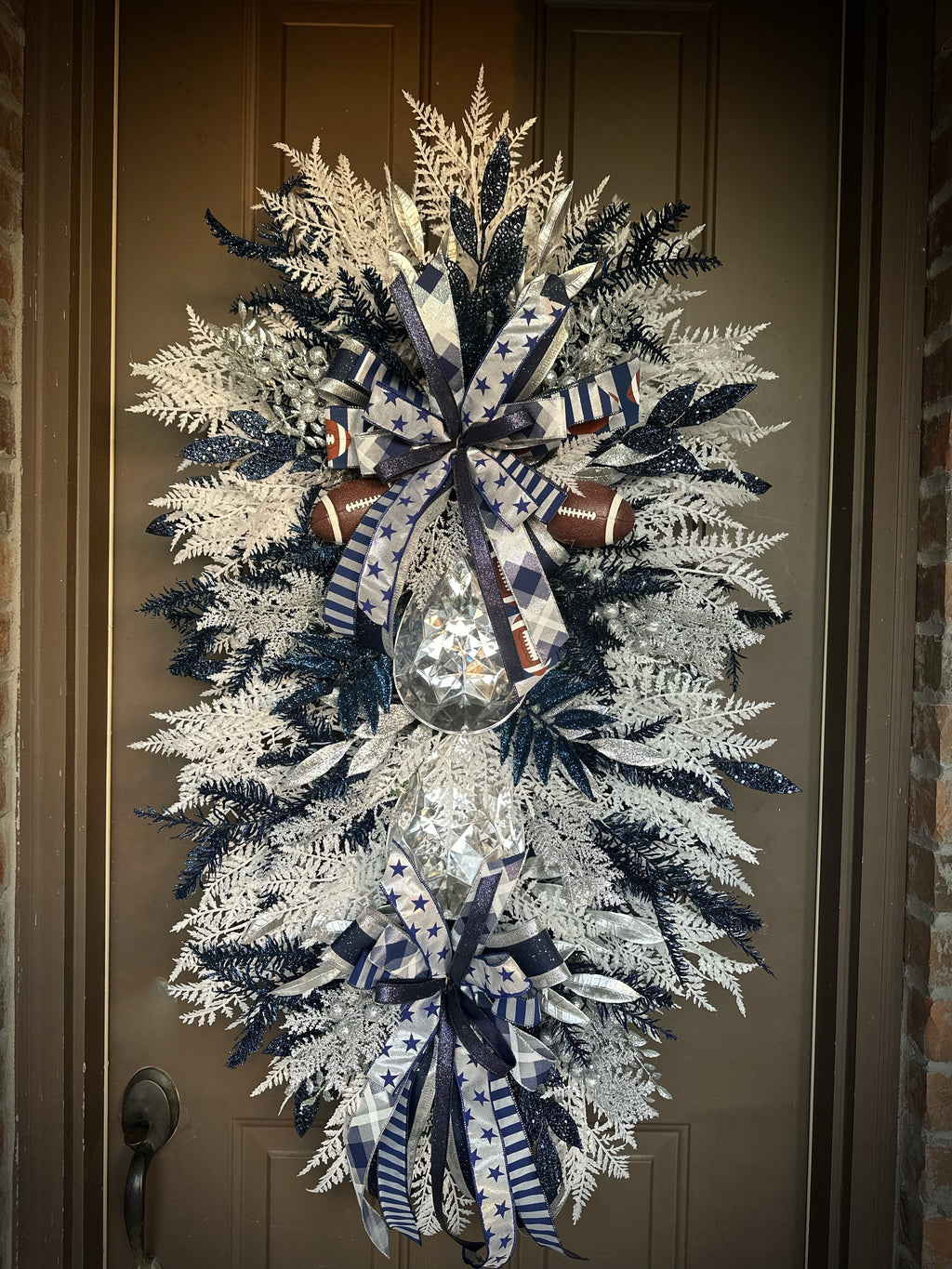 White/Navy/Silver football Christmas wreath
