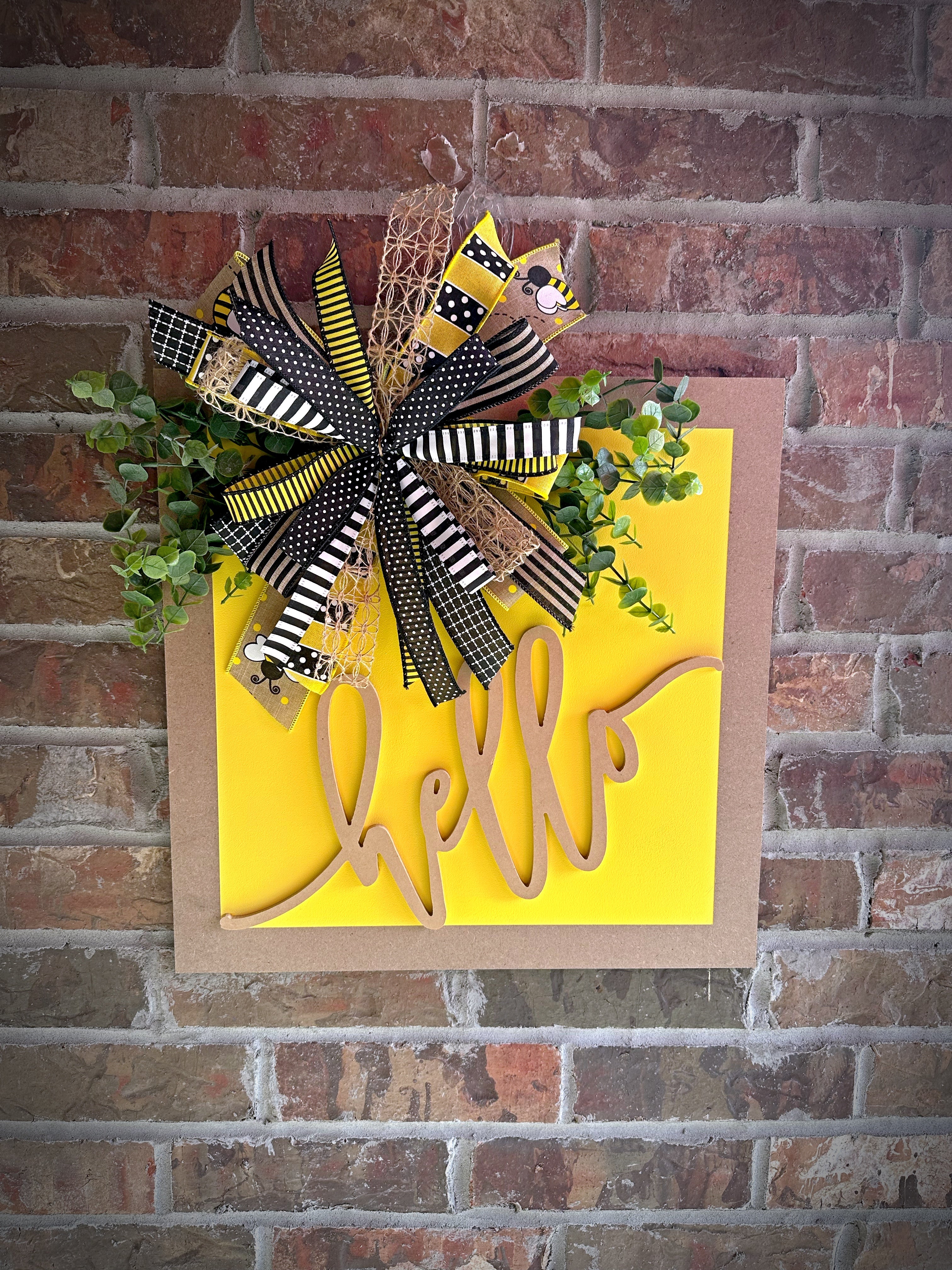Square Yellow Hello Bumble Bee Door Hanger