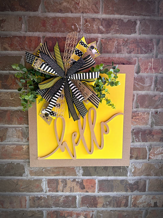 Square Yellow Hello Bumble Bee Door Hanger