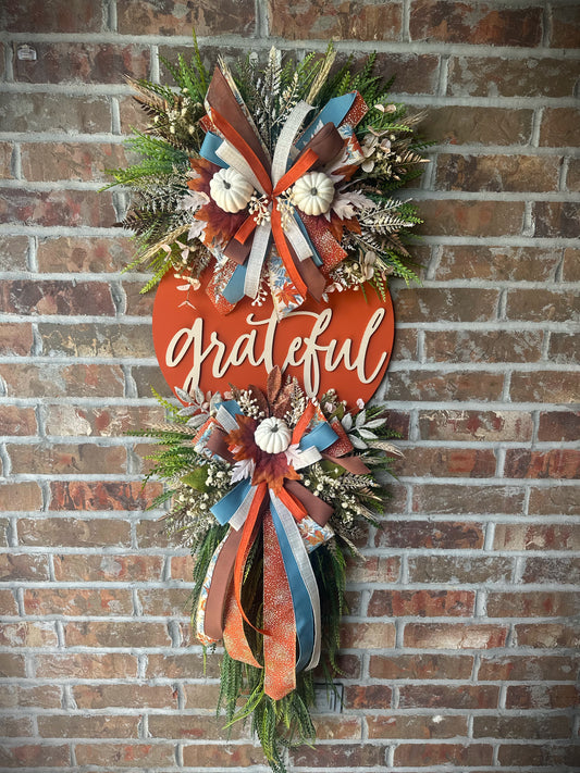 Grateful Harvest Fall Wreath Orange and Blue