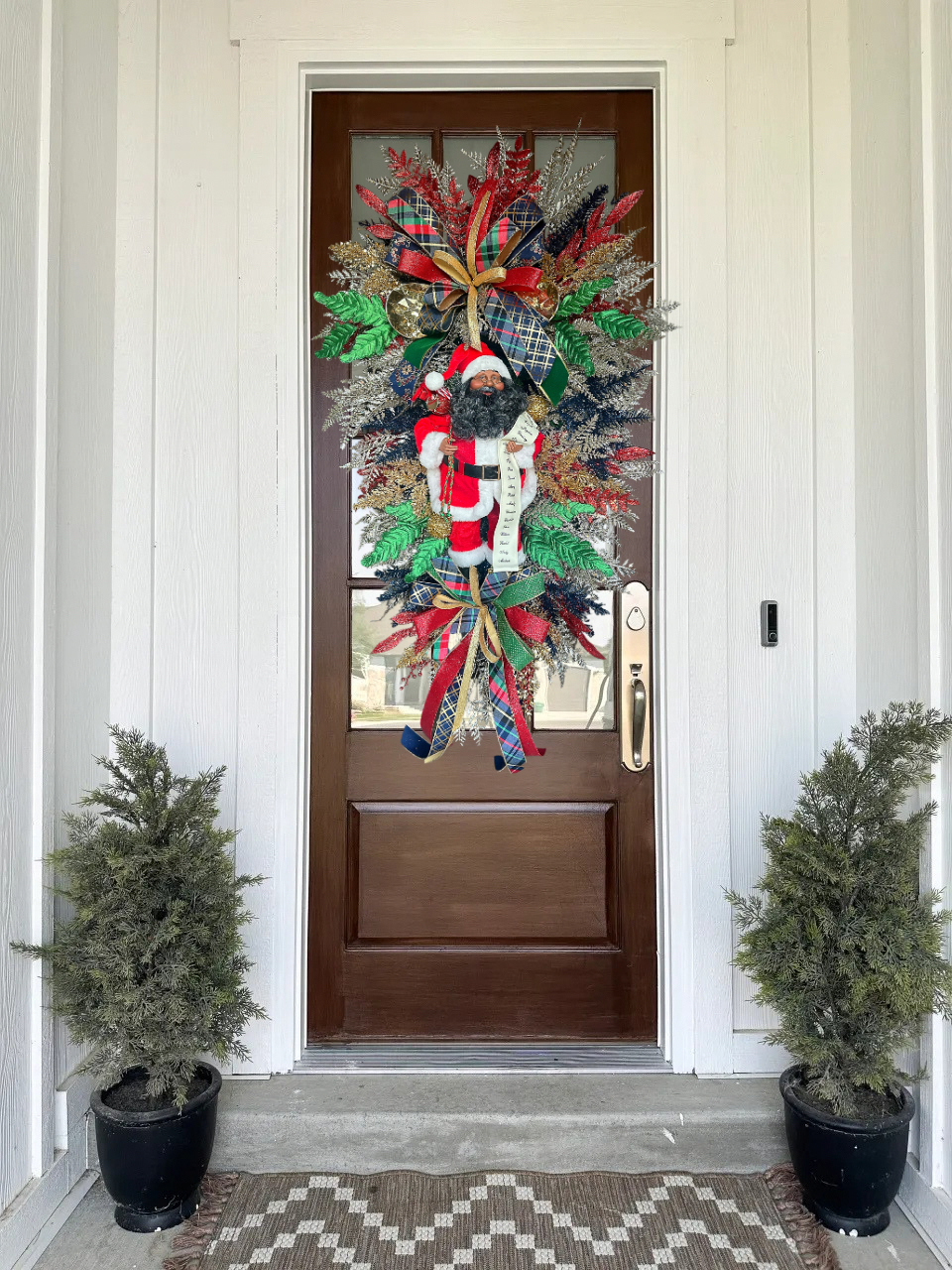 Black Santa Wreath Navy, Red, Green, and Gold